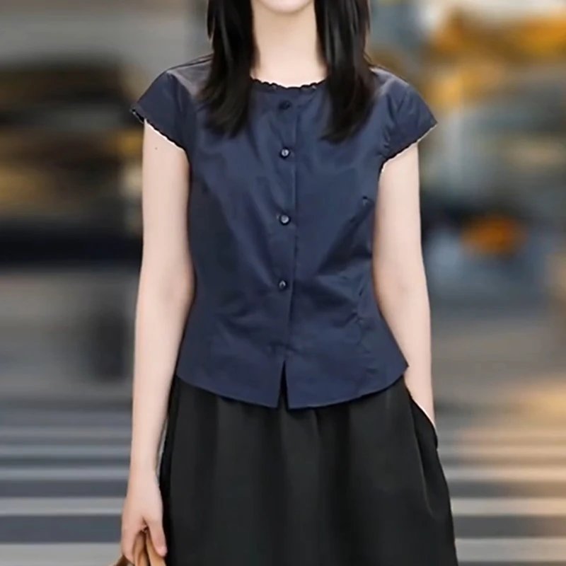 复古花边宽松显瘦圆领开衫短袖T恤女夏季新款设计感蕾丝小衫上衣