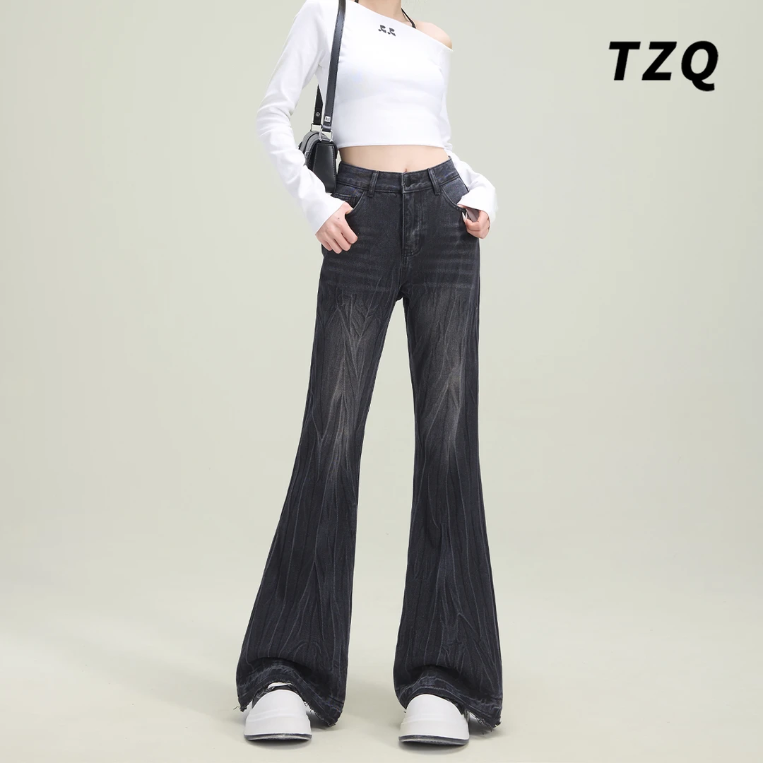 美式复古高腰修身微喇牛仔裤女2025春秋新款百搭喇叭裤TZQ122630