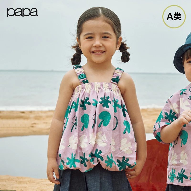 papa爬爬夏季儿童吊带女童宝宝度假风满印花背心百搭可爱洋气时髦