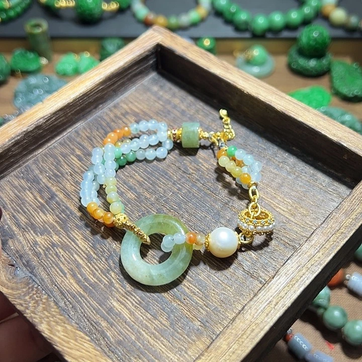 翡翠手串银S925镀金镶嵌翡翠手串