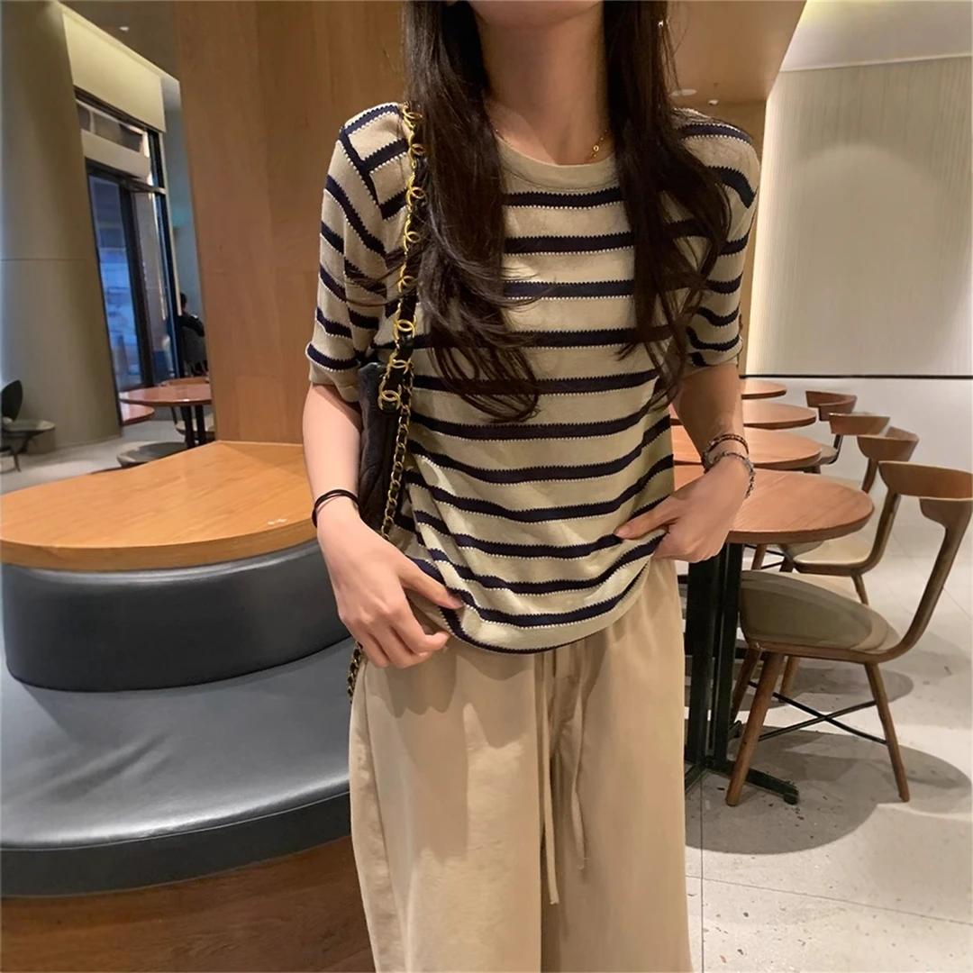 美式撞色条纹休闲针织短袖t恤女夏季小个子设计感正肩短款小上衣