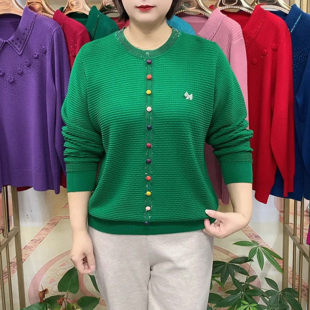 秋冬新款圆领烫钻针织衫时尚洋气妈妈装宽松显瘦遮肉针织毛衣