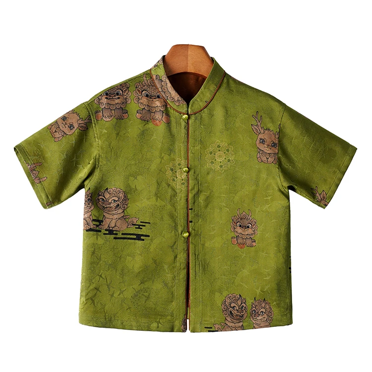 莨宝宝「醒狮」B085上衣100%桑蚕丝透孔罗红云纱新男童夏装