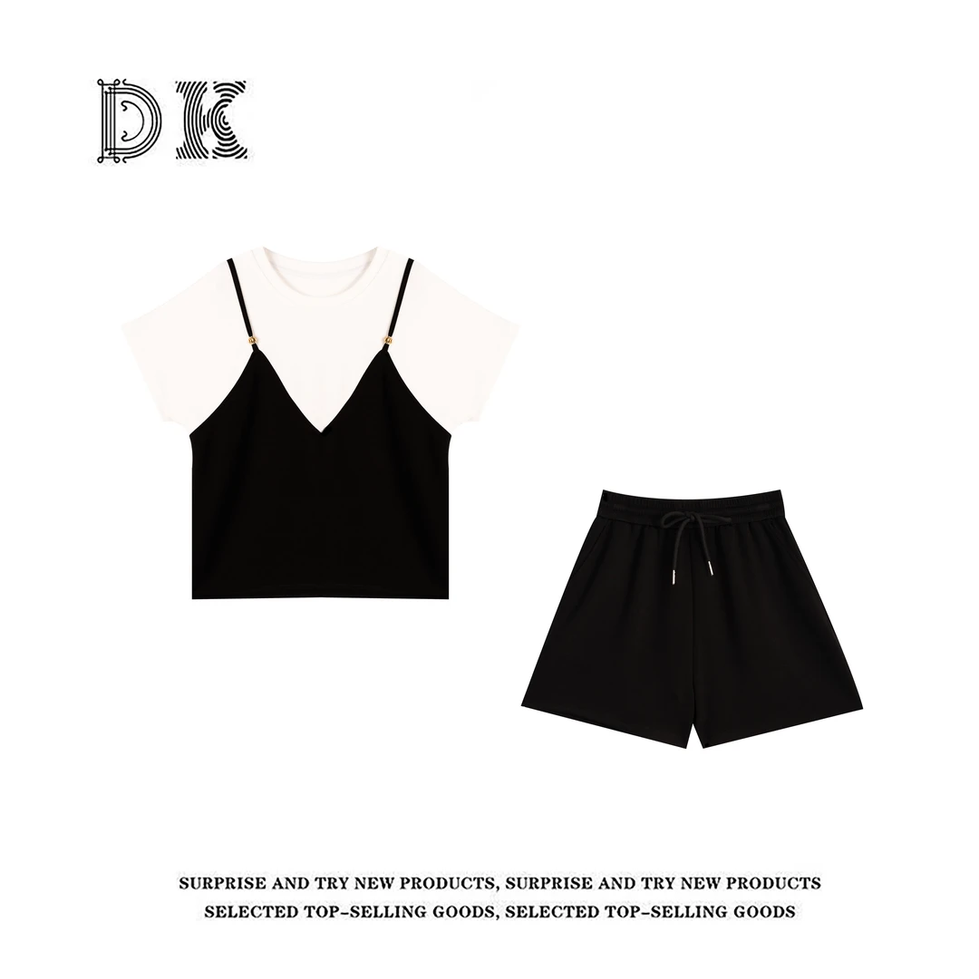 『福利款』2025年夏季新款简约显瘦拼色设计感假两件套装【DK】