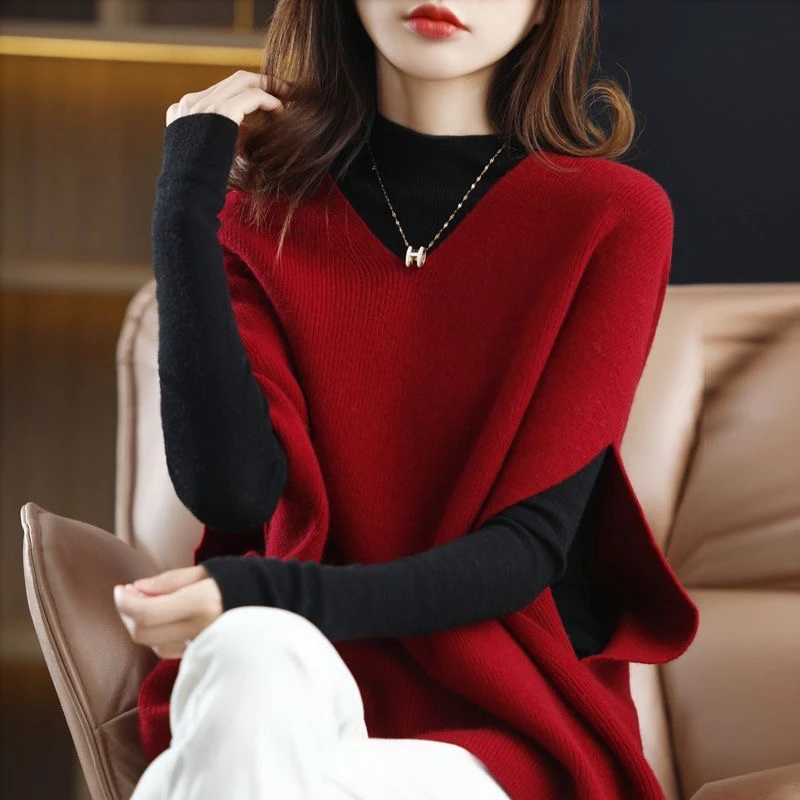 大码女装针织衫马甲V领蝙蝠袖落肩宽松套头毛衣慵懒风坎肩外搭潮