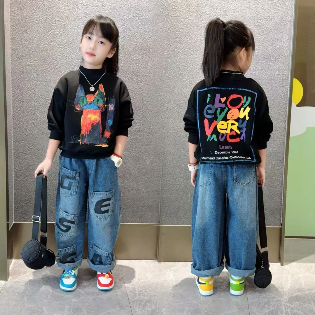 女童卫衣套装春秋2025新款女孩洋气百搭中大儿童卫衣牛仔裤两件套
