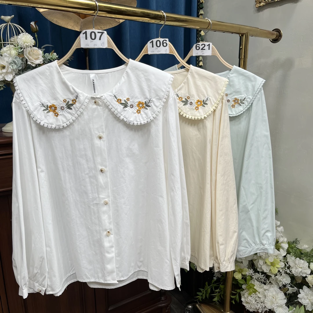 纯棉春款法式小香风娃娃领刺绣长袖衬衫女高级感百搭2025春季衬衣