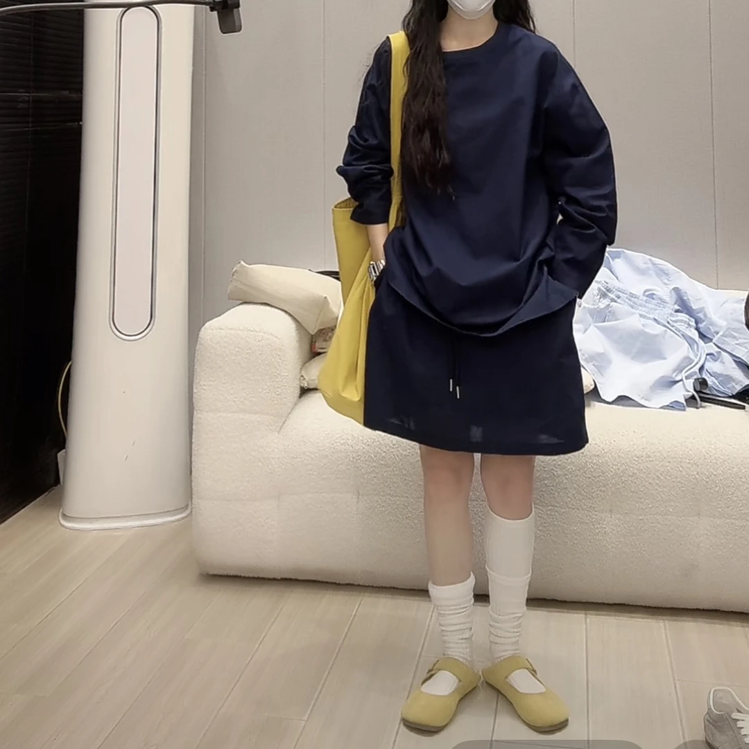 有去无回款-露水薄荷～大版宽松纯色T恤 高腰抽绳短裙两件套