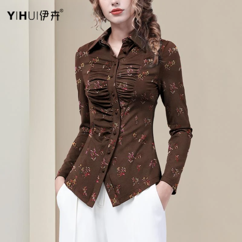 YIHUI伊卉春小碎花弹力针织布衬衫上衣收腰皱褶打底衫SC255567