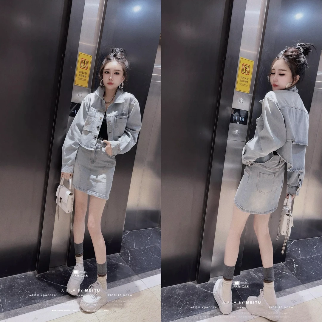 8272时尚休闲牛仔套装 短裙百搭复古短款长袖韩版炸街两件套春季