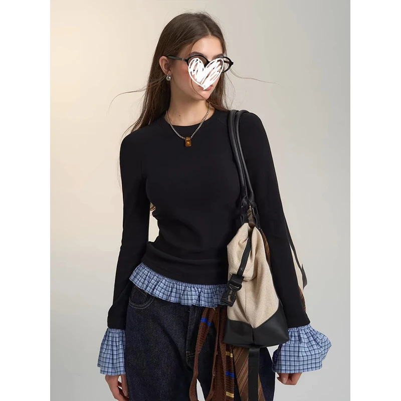 秋冬超火格纹拼接撞色圆领长袖打底衫修身百搭显瘦t恤上衣女 3075