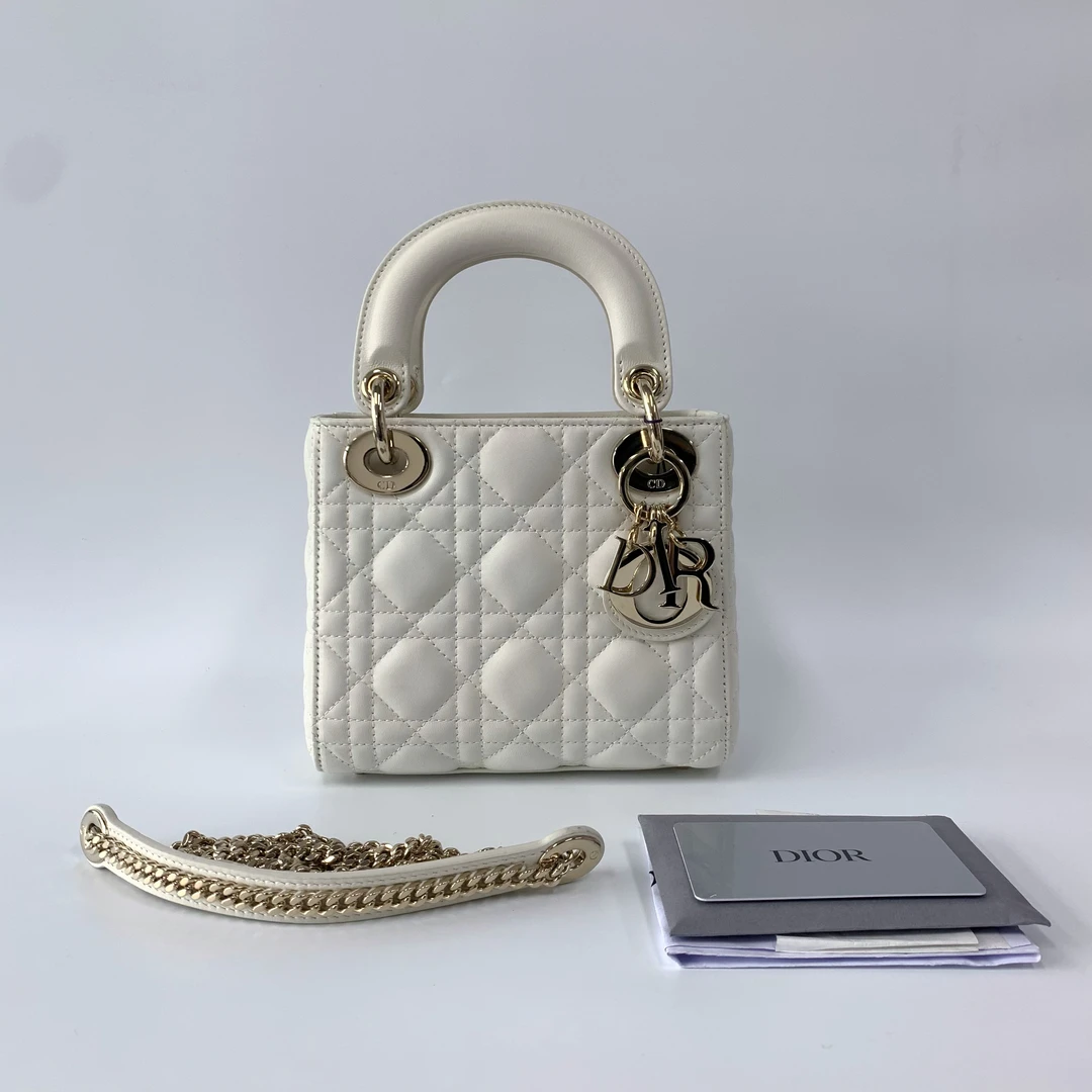 99新 DIOR/迪奥 99新 奶白色金扣 三格戴妃手提斜挎包
