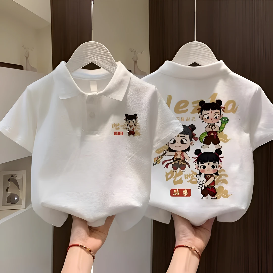 【纯棉】哪吒儿童短袖t恤polo衫2025新款中大童男孩夏装上衣学生潮T
