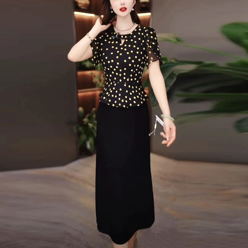 琉璃丝高级感轻奢女装2025夏季新款洋气质黑色波点假两件连衣裙子