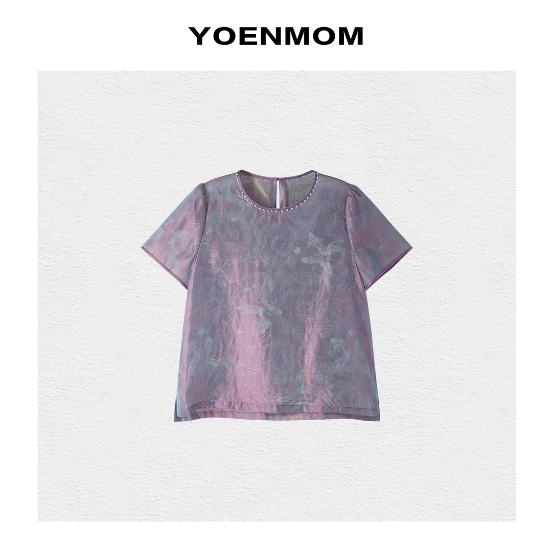 YOENMOM·美人鱼·100桑蚕丝云锦罗幻彩偏光轻盈透气钉珠圆领上衣