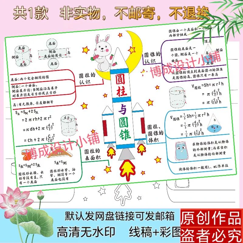 32-76圆柱与圆锥数学思维导图人教版五下三单元知识黑白线稿涂色