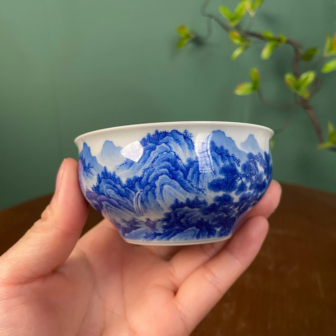 【九茗珍藏】余清山水矮缸杯手工手绘景德镇茶具