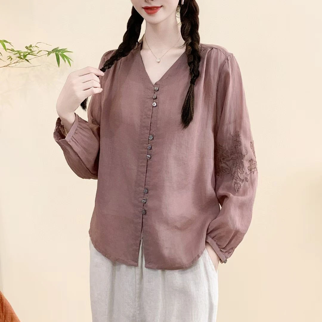 【花汐语】2025春季新款宽松V领单排扣苎麻刺绣衬衫女上衣