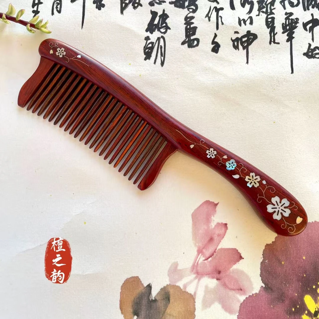 微凹黄檀长柄鼓肚镶嵌贝壳檀木木梳防静电