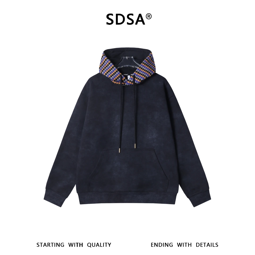 SDSA男士秋冬新款痞帅男装潮牌扎染拼接针织连帽卫衣百搭时尚上衣