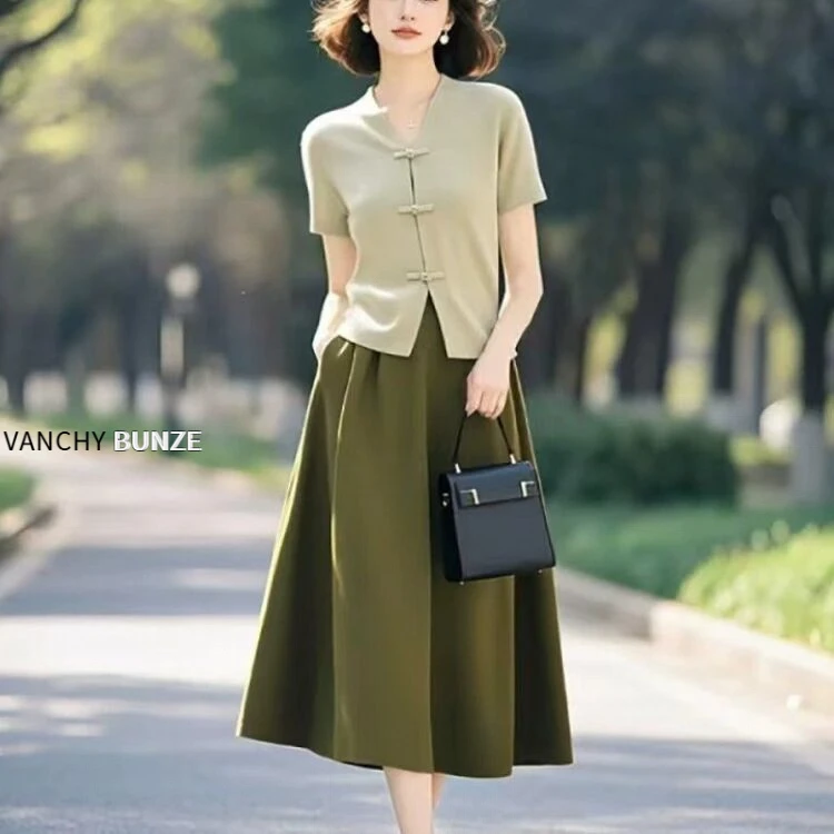 BUNZE 新中式国风穿搭休闲绿色针织上衣半身裙套装连衣裙子2025夏