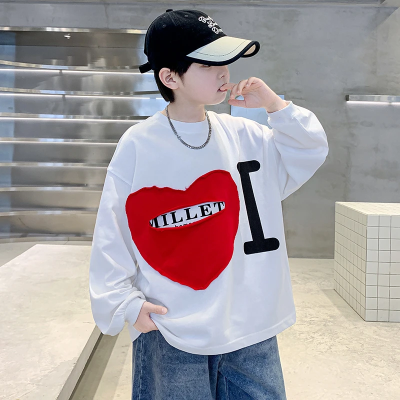 男童破洞爱心卫衣春秋款2025新款儿童洋气百搭长袖打底衫中大童15