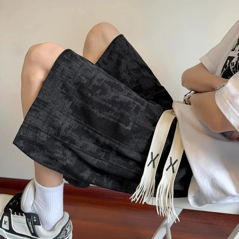 黑色水墨扎染短裤男款夏季户外运动休闲直筒裤高腰显瘦宽松五分裤