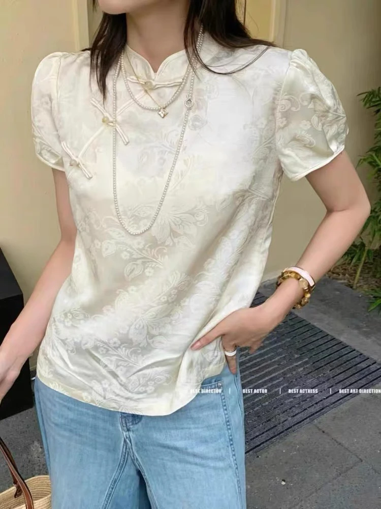 2025夏季新款新中式立领盘扣蝴蝶提花短袖衬衫女高级感国风上衣