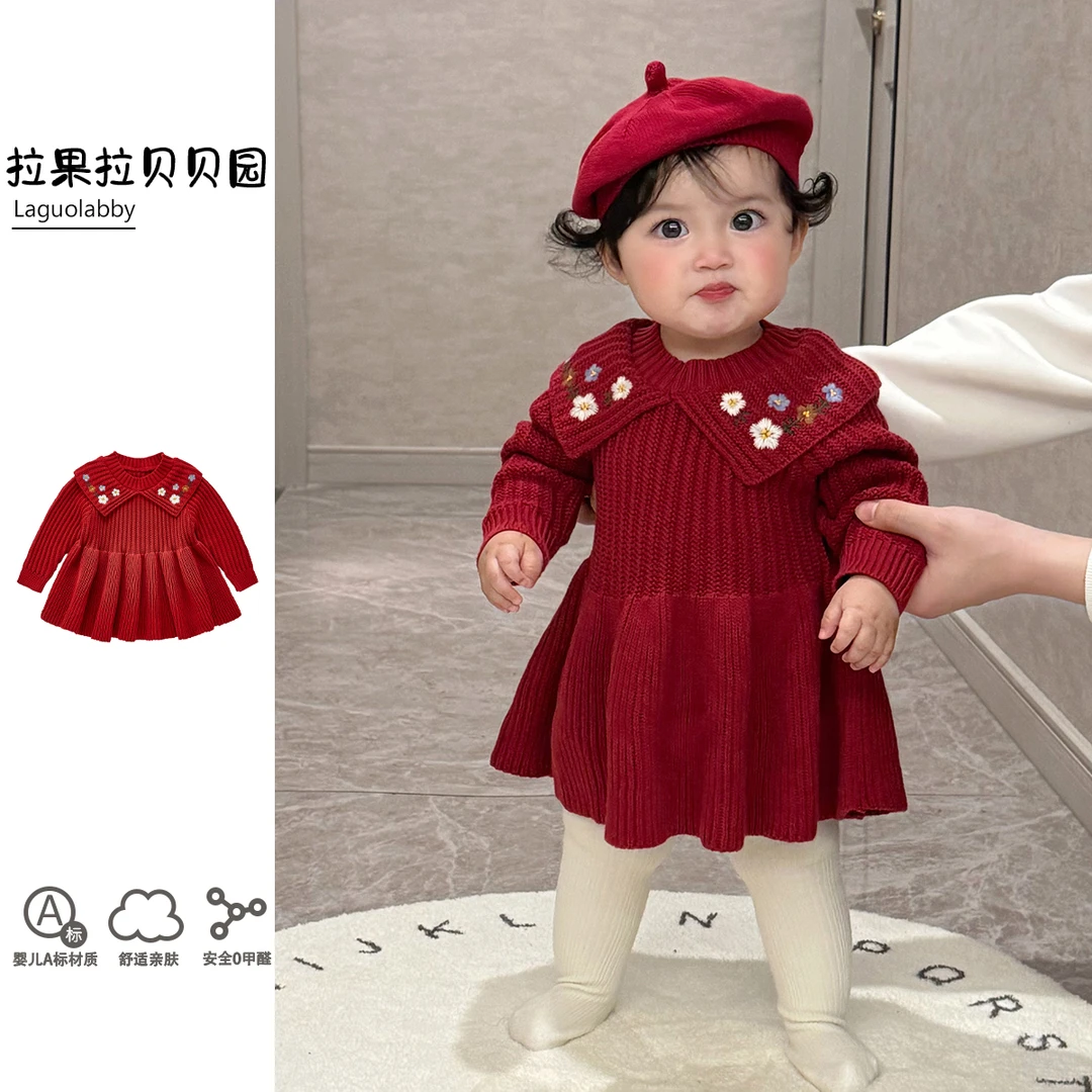拉果拉宝宝一岁连衣裙喜庆圣诞款纯棉针织裙子女童生日礼服裙套装