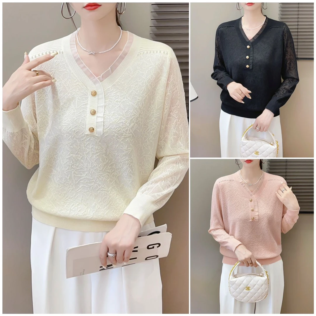 【倩倩专属】显瘦百搭气质蕾丝拼接纯色V领小香风针织衫S059#