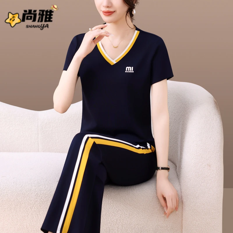 冰丝运动套装女夏季妈妈V领短袖长裤洋气减龄显瘦薄款休闲两件套