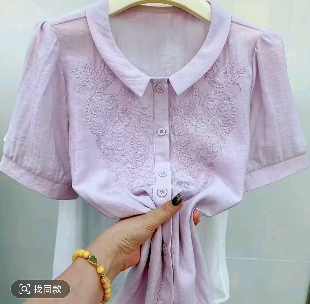 A80开衫蕾丝刺绣气质减龄女士夏季短袖T恤印花娃娃领时尚百搭洋气