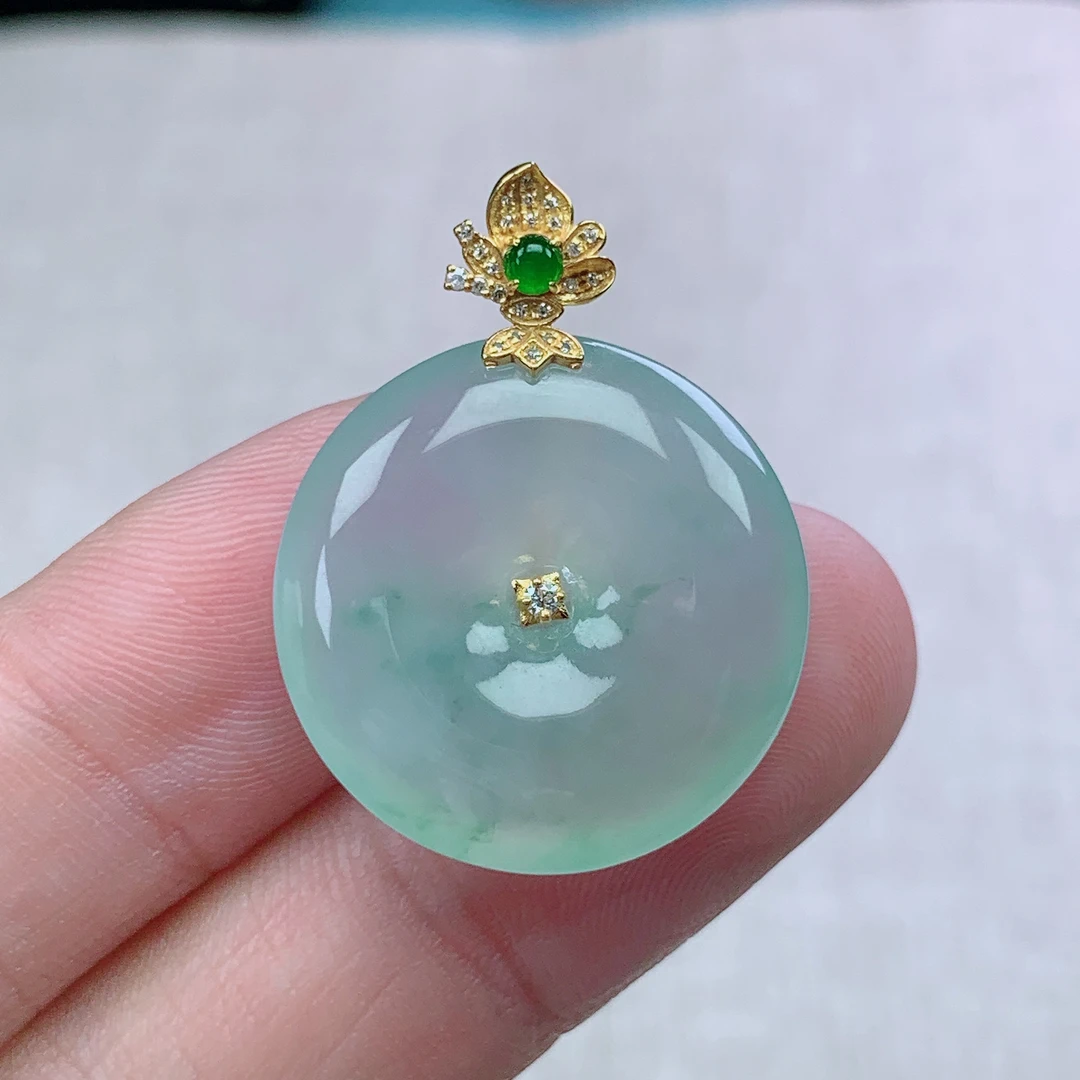 l缅甸天然翡翠A货29.5-22.6-5.9玉石冰种飘花平安扣吊坠礼物镶嵌