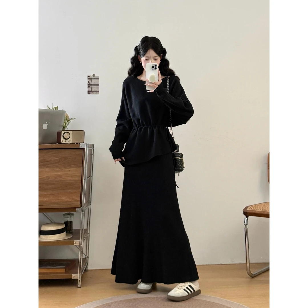 胖mm大码女装秋冬遮肉遮肚抽绳收腰两件套装不规则显瘦毛衣半身裙