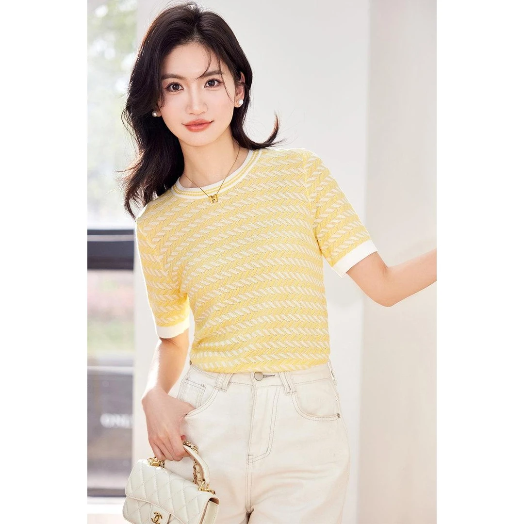 实拍◆现货◆2025夏季小香风短款轻薄冰丝针织衫条纹短袖上衣女夏