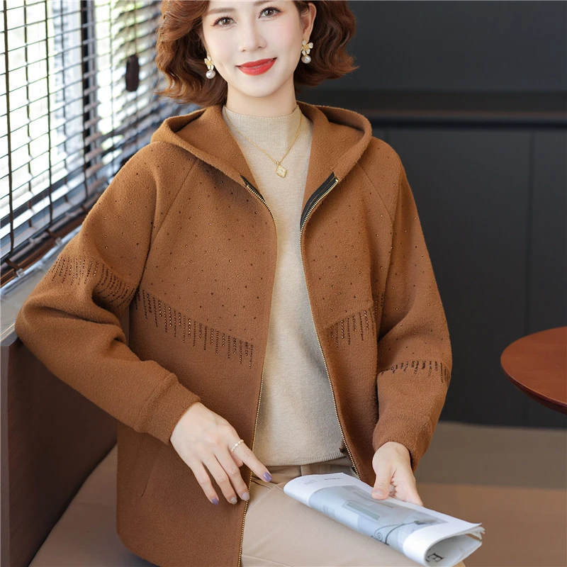 中老年女春秋季新款连帽针织毛呢开衫上衣妈妈秋冬季宽松减龄外套
