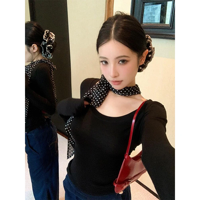 美式辣妹气质纯色圆领长袖T恤女2025年夏季薄款收腰修身打底上衣