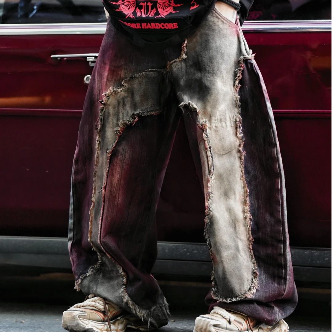 原创【暗曜】重磅刺绣洗水做旧涂鸦牛仔拼接手绘不规则男女款