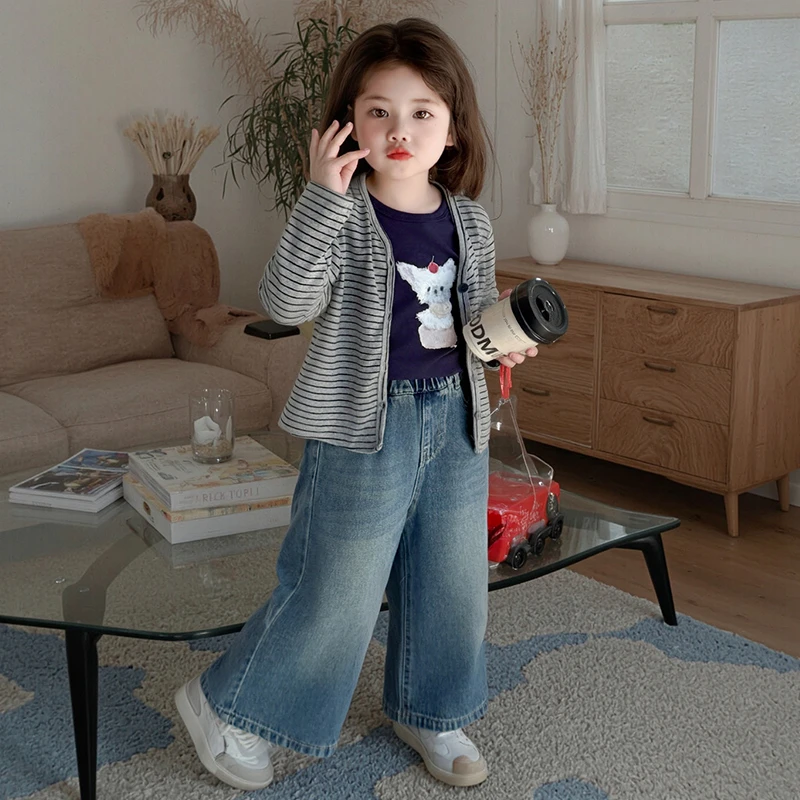 童装女童套装秋装2025新款儿童女孩洋气针织开衫女宝打底衫牛仔裤