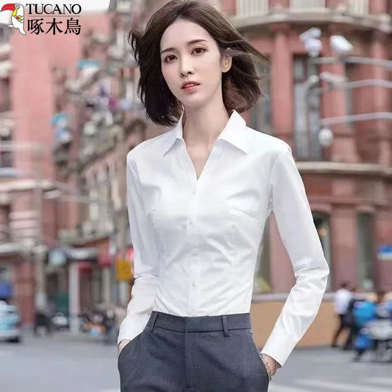 TUCANO/啄木鳥白色衬衫女韩版V领常规款百搭气质工作服不褪色长袖