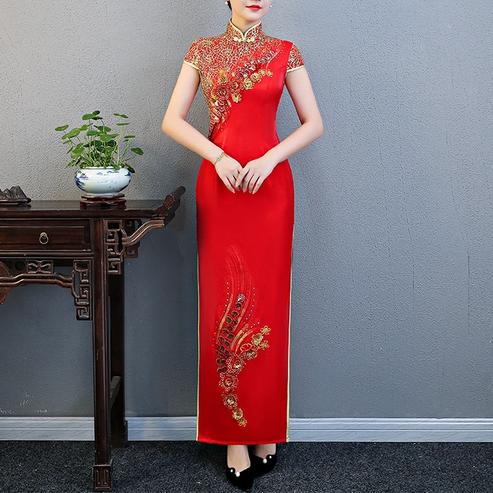 走秀旗袍长款演出修身中国风2025新款女春季红色敬酒服新娘礼仪服