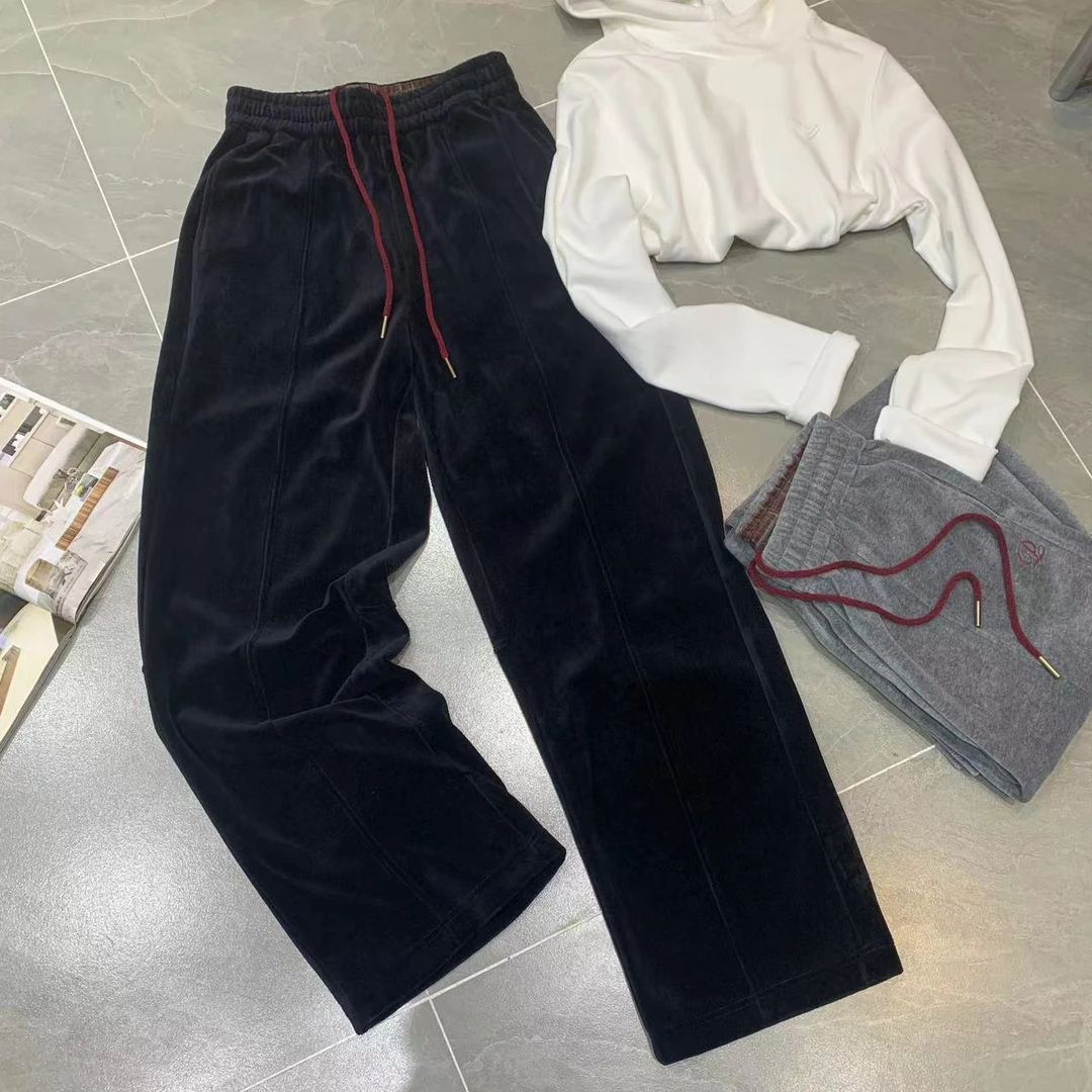 Z.X 拼接刺绣松紧腰丝绒弯刀裤 79061（CB）