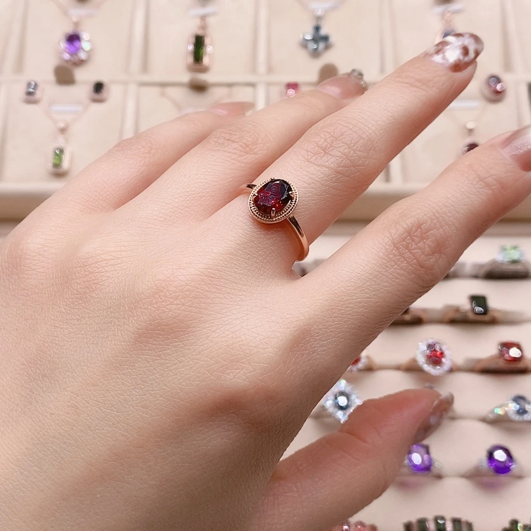 戒指石榴石银S925镶嵌戒指