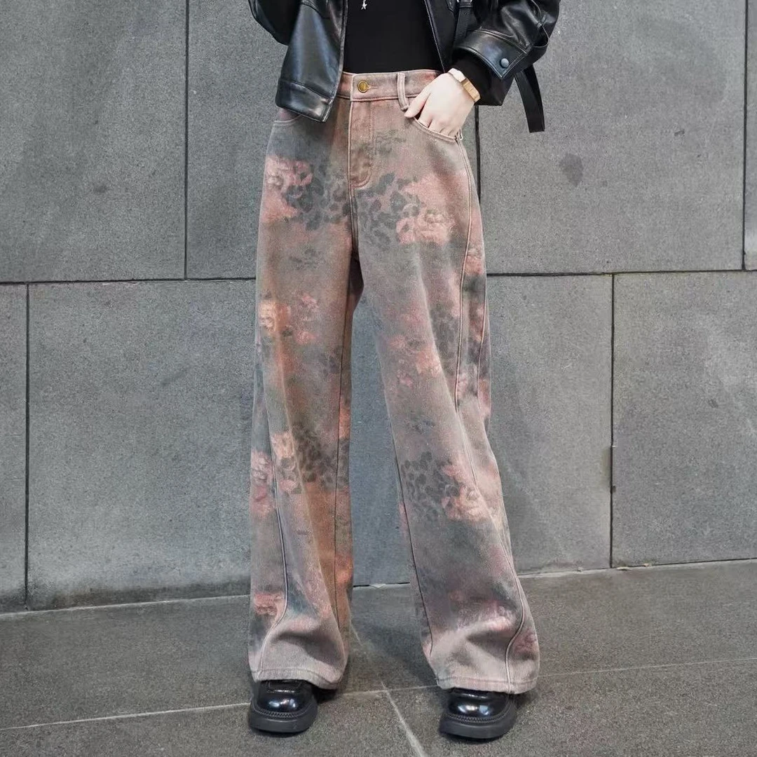 KIKI严选：33631-1-YER家欧货南油秋冬美式复古印花阔腿裤牛仔裤