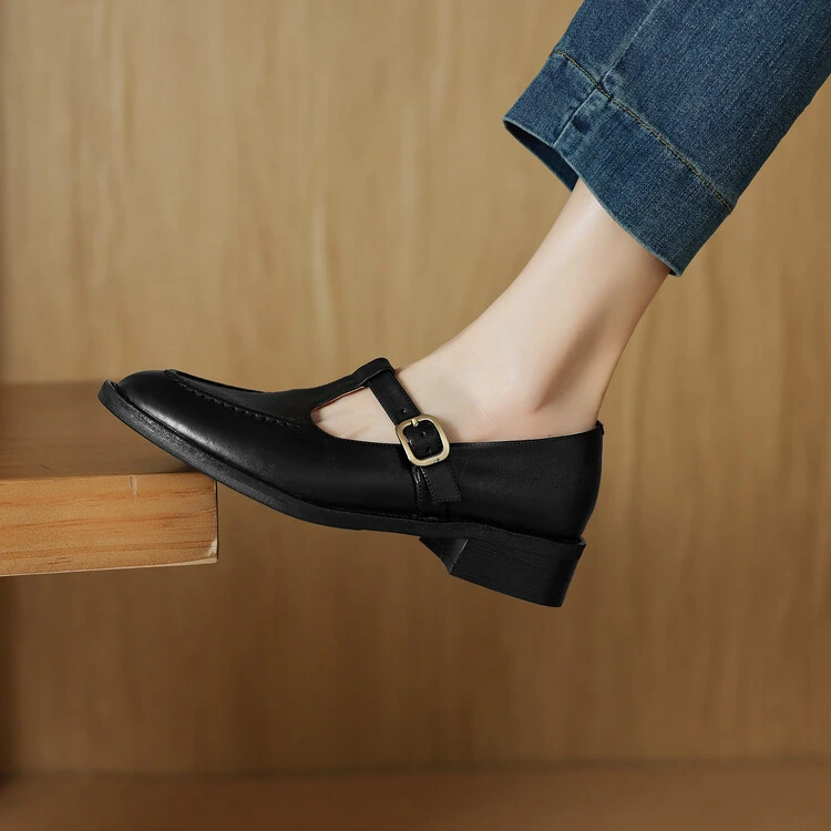 【跟3.5公分】【尺码34-41】新款法式真皮圆头单鞋百搭粗跟舒适女鞋