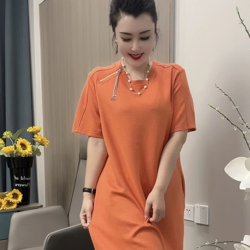 1209设计感连衣裙宽松夏季百搭极简风黑色中长裙套头短袖大码显瘦