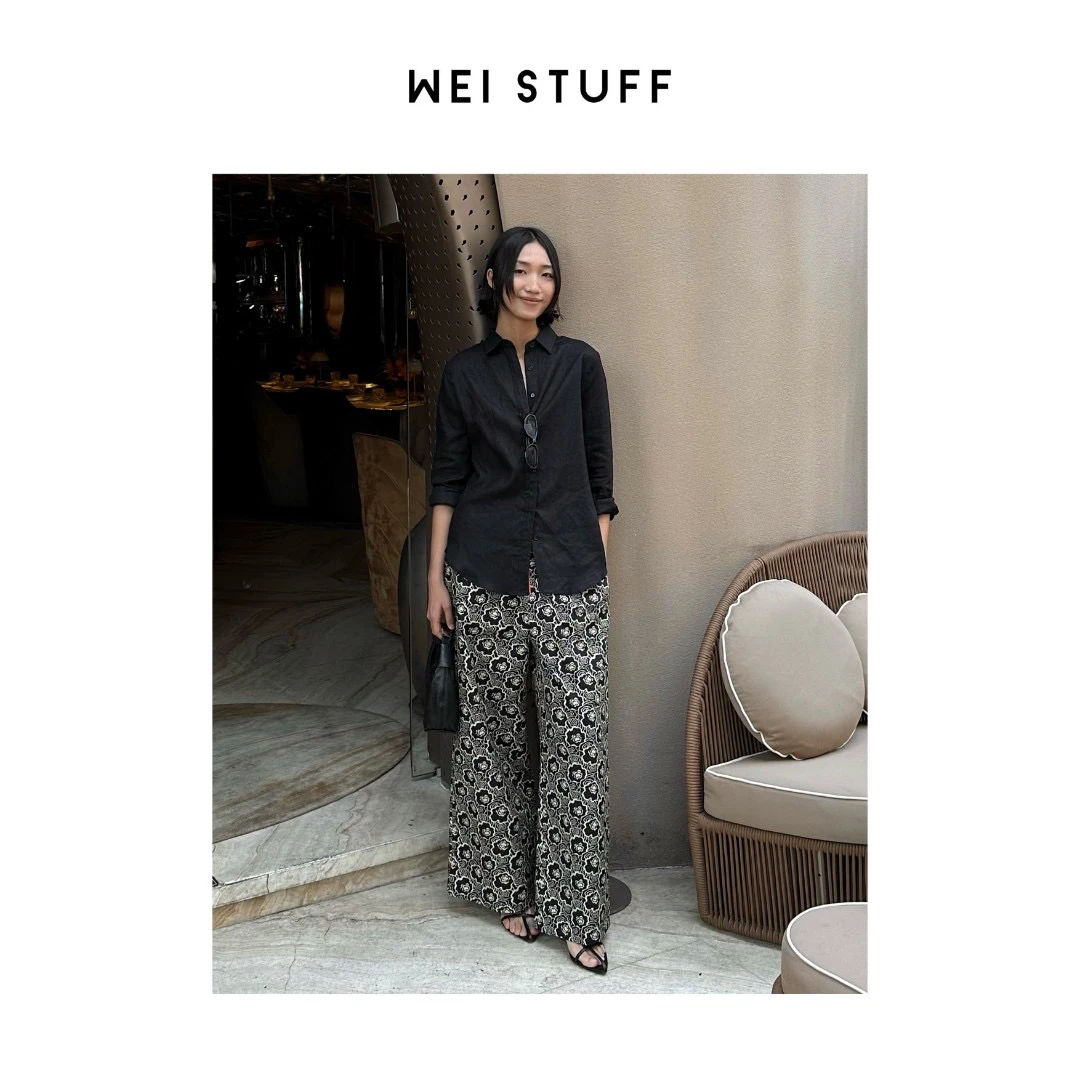 WEI STUFF 漫格四色宽松休闲时尚百搭亚麻长袖翻领衬衫 5829.S