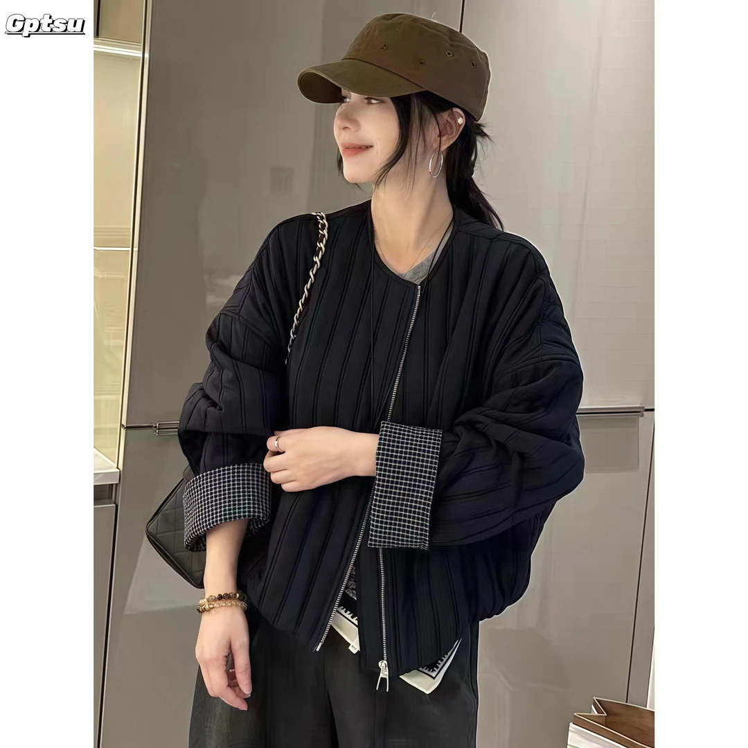 GPTSu小香风竖条棉衣女秋冬款韩版宽松时尚百搭轻薄棉服棉袄外套