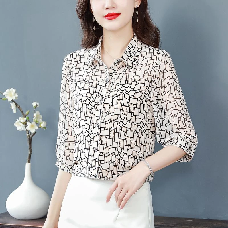 中袖碎花雪纺衬衫女夏装2025新款宽松遮肚子中年妈妈上衣高档洋气