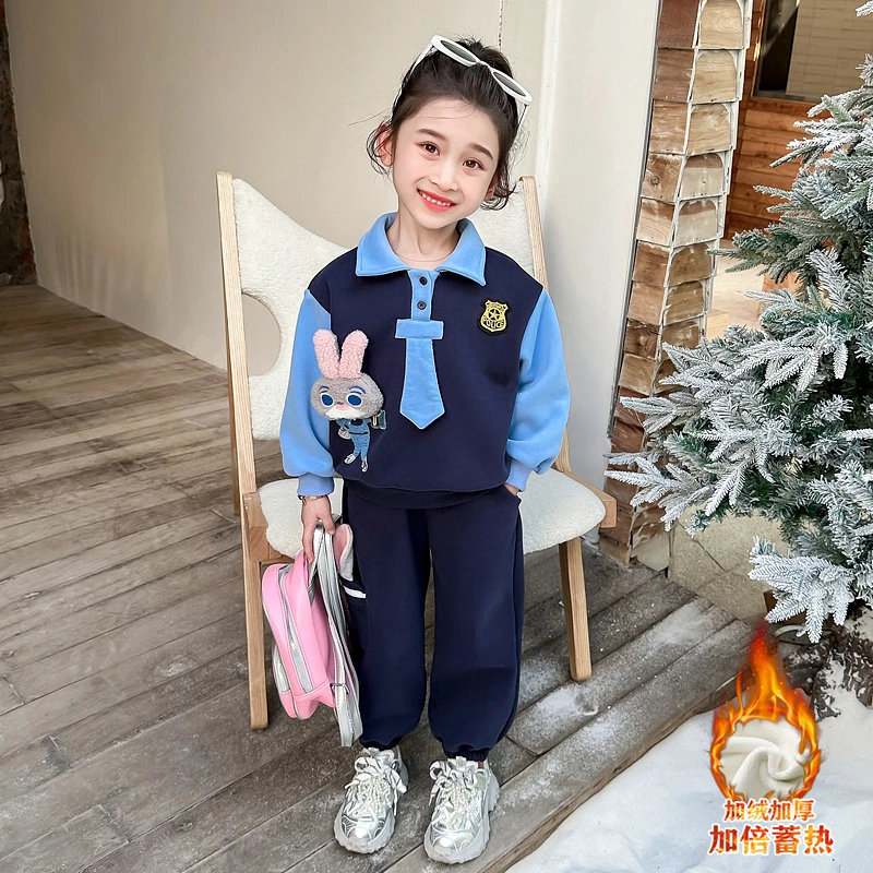 女童冬装套装加绒加厚2025新款儿童冬季女宝宝兔子警官两件套保暖